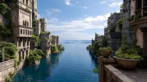 Ancient stone walls and architectural details are heavily overgrown with lush green foliage showcasing a scene of historical decay and natural beauty