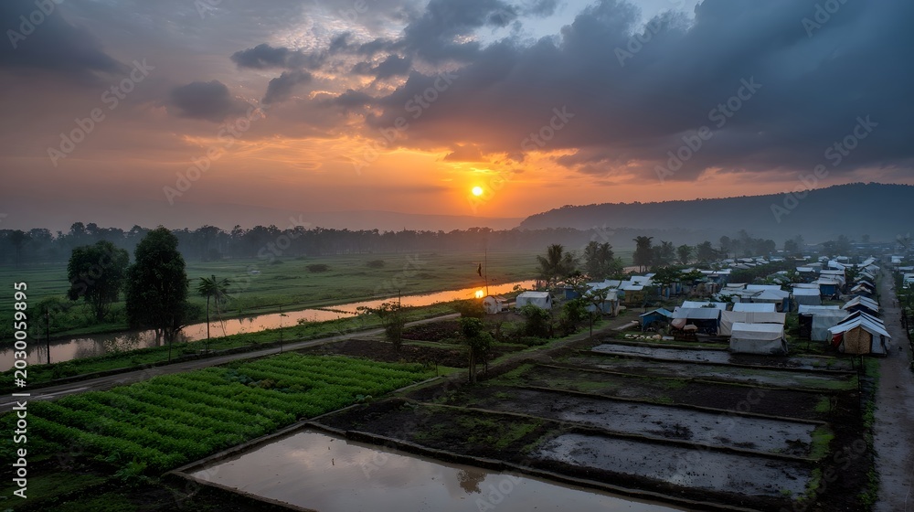 Fototapeta premium A vast rural landscape featuring agricultural fields under a dramatic atmospheric sky during sunrise or sunset