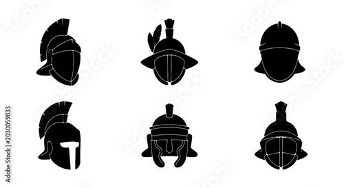 Photos Ancient Roman Helmets Set, Warrior Armor Icons, Military Headwear Vector Collect