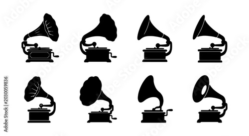 Bild auf Leinwand Vintage Gramophone Silhouettes, Retro Phonograph Icons, Antique Music Player Set