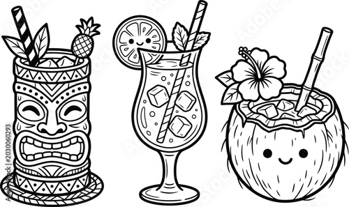 Cute Tiki Mug and Tropical Cocktails Coloring Page: Kawaii Coconut Drink and Summer Beverage Line Art