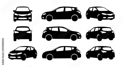 Obraz na płótnie Modern Hatchback Car Icons, Multiple Views, Black Silhouette Vector Set