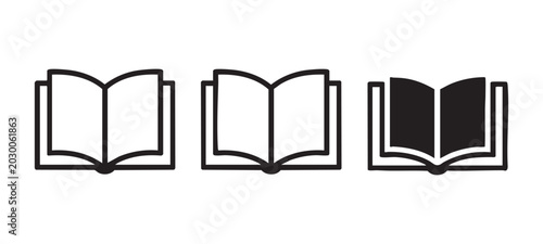 Set of three book icons open pages line art vector illustration on white.