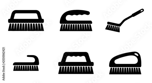 Konstfotografi Set of 6 Black Cleaning Brushes, Scrub Brushes, and Hand Brushes, Vector Icons f