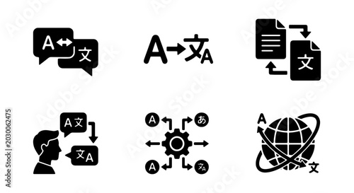 Quadro su tela Translation Icons Set: Language Conversion, Communication Symbols, Global Text E