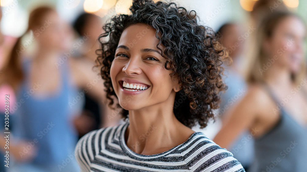 Obraz premium Diverse women attending a dance fitness class in a studio, group exercise energy, joyful movement, inclusive wellness community, faceless, defocused studio, with copy space