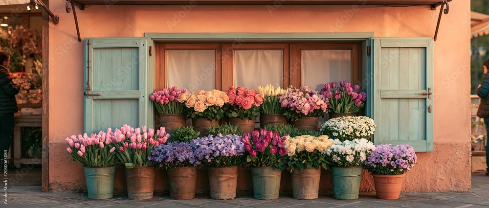 Fototapeta premium Vibrant tulips and hyacinths arranged in terracotta pots