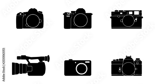 Bild auf Leinwand Camera Icons Set: Vintage, DSLR, Digital, Camcorder, Retro Photography Equipment