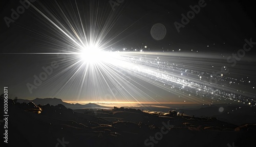 Bright celestial body illuminates rocky alien landscape with distant moon