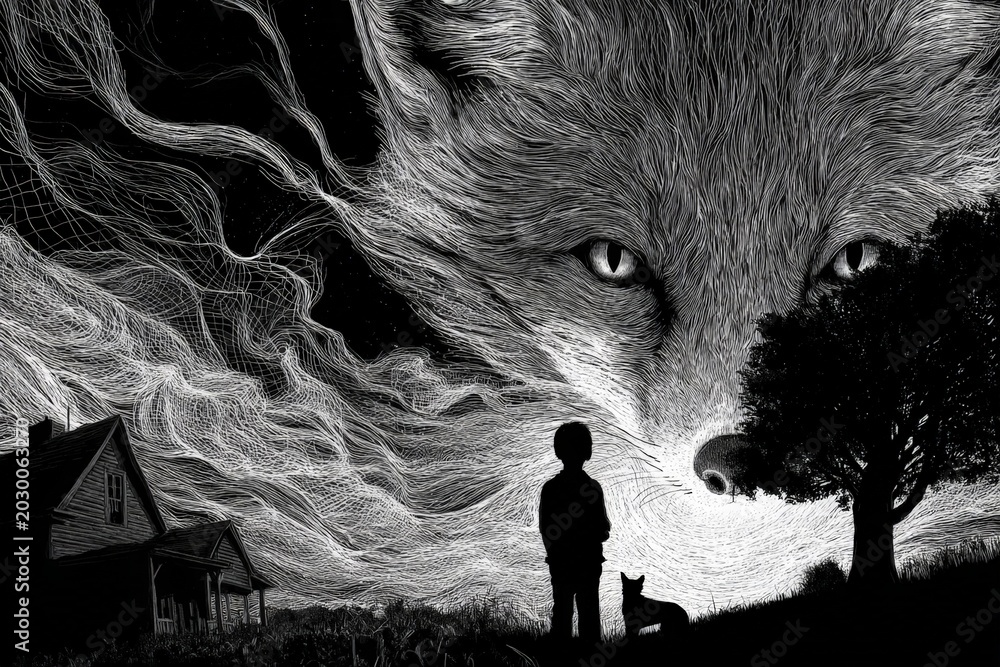 Fototapeta premium Lone child stands before a massive, watchful fox. The fox's eyes glow with ancient wisdom. Its form rises from stormy skies, textured with intricate lines. Small dog sits at the child's feet, calm