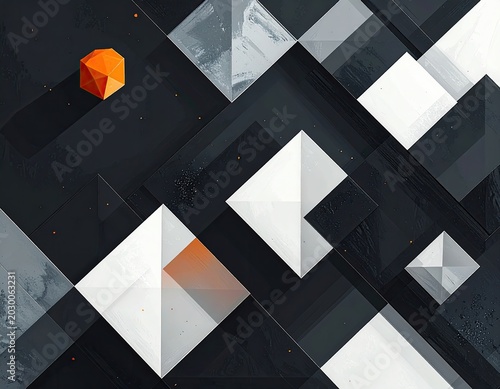 Geometric abstract with textured dark planes and a bright orange cube