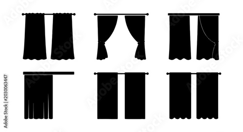 Black Curtain Icons Set, Window Drapes Vector Graphics, Interior Design Elements, Stage Drapery Silhouettes