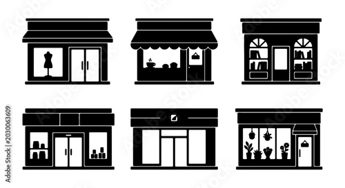 Set of 6 Black Storefront Icons, Retail Shop Facades, Commercial Building Silhouettes, Small Business Vector Graphics