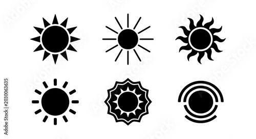 Sun Icons Set, Solar Symbols Collection, Celestial Body Graphics, Weather Icons, Summer Vector Art