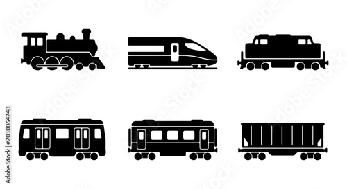 Foto Diverse Train Icons: Locomotive, High-Speed Rail, Freight Car, Metro, Passenger