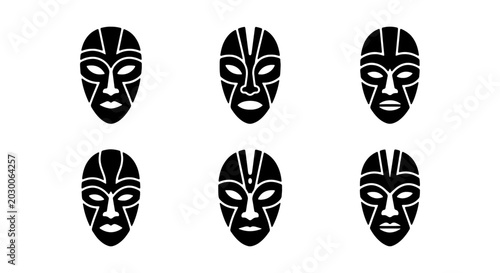 Fotografía African Tribal Masks, Set of 6, Black and White Vector Icons, Cultural Symbols