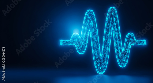 A glowing, low-poly heartbeat waveform in neon blue on a sleek, dark background, symbolizing technology and healthcare.
