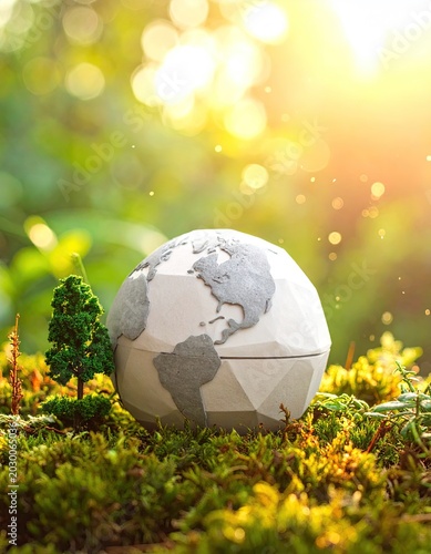 Geometric Earth model on mossy ground with miniature tree and sunlit bokeh