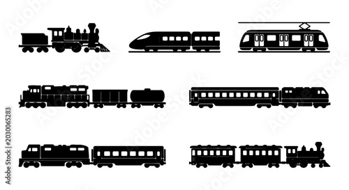 Schilderij op canvas Diverse Train Collection: Vintage Steam Engine, Modern Bullet, Electric Tram, Fr