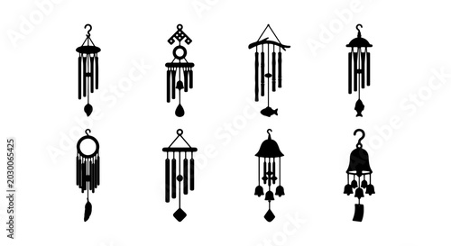 Konstfotografi Wind Chime Icons, Decorative Hanging Ornaments, Serene Outdoor Decor Elements, V