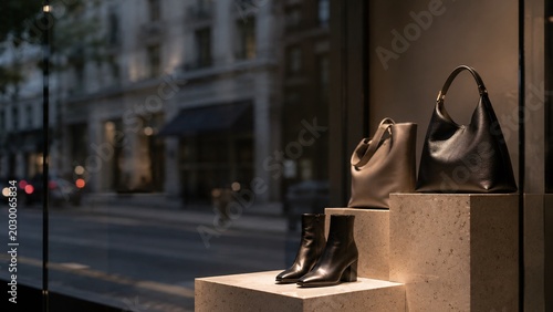 Luxury fashion boutique storefront display window on a sunny metropolitan street