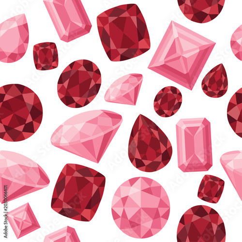 Seamless pattern with sparkling red, pink brilliant gemstones. Luxury background with scattered faceted rubies, pink diamonds. Vector repeating seamless pattern of sparkling luxury rubin jewels