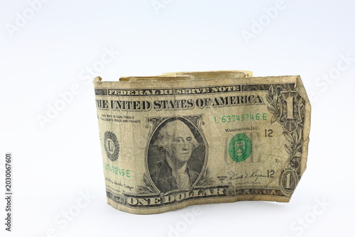 Photography Old torn faded dollar bills banknotes. White background.