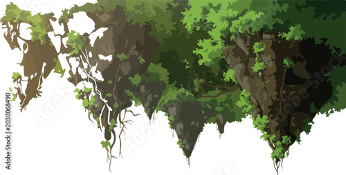 Tableau sur toile Hanging mossy rocks with green vines and tropical foliage for floating island level design in fantasy setting