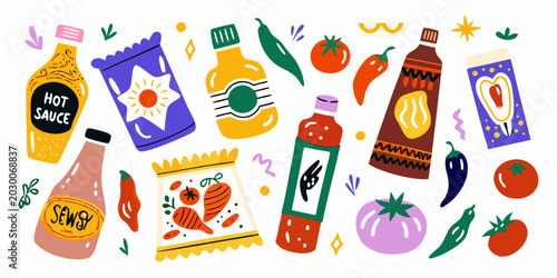 Tableau sur toile colorful condiment illustration kit with hot sauce and spices