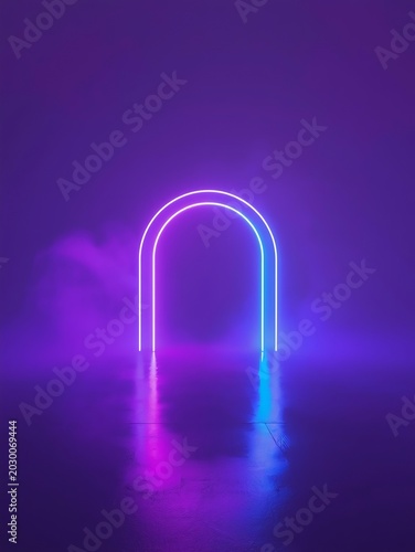 Minimal glowing neon arch with purple to blue gradient stands on reflective floor in atmospheric fog. Cinematic futuristic background with copy space for logo or text placement 2026.