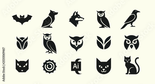 Canvas Print Set of stylized animal icons: owl, cat, bat, fox, raven, wolf, abstract shapes