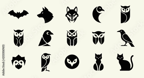 Photography Set of vector animal icons: owl, wolf, fox, crow, bat, cat silhouettes