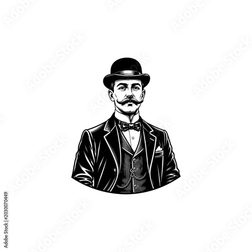 Engraving of a Gentleman with Moustache and Bowler Hat Black and White Vector Illustration.