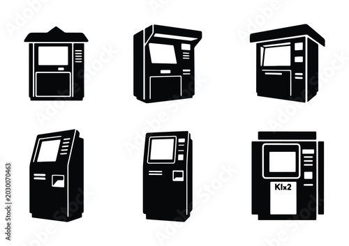 Set of six modern ATM machine icons, financial kiosk vector illustrations, cash dispenser terminal graphics, banking service equipment