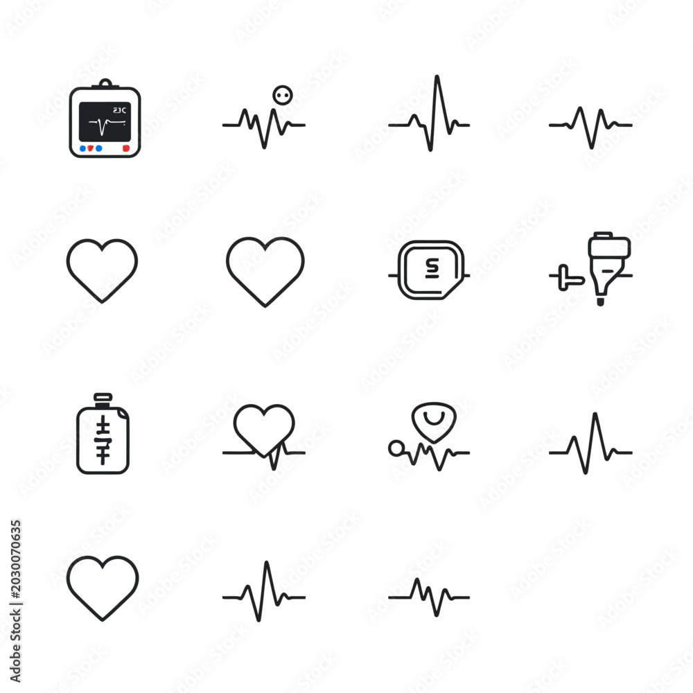 Fototapeta premium Medical icons, healthcare symbols, line style, heartbeat, cardiology, finance, health check, 12 icons, vector graphics
