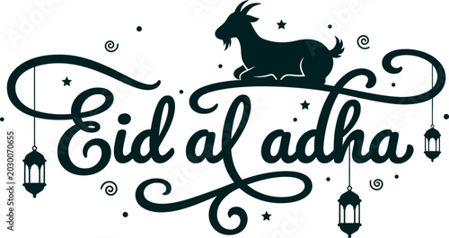 Schilderij op canvas A festive design featuring a goat, lanterns, and stars, celebrating Eid al-Adha, a significant Islamic holiday