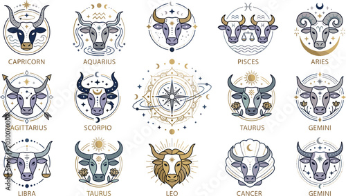 Foto Complete Zodiac Cow Icon Set Featuring All Twelve Horoscope Signs with Celestial