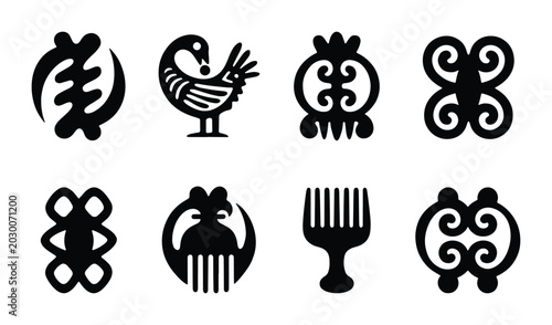 Schilderij op canvas Adinkra Symbols Collection, West African Cultural Icons, Traditional Geometric P