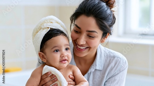 Smiling mother lovingly holds her baby after bath time, both wrapped in soft towels