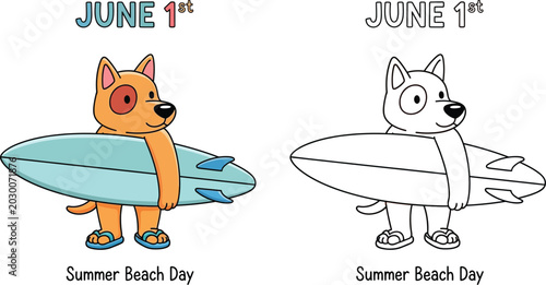 June 1st Summer Beach Day Surfer Dog Coloring Page Cute Cartoon Animal