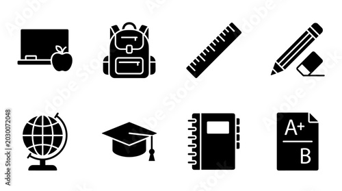 School supplies icons set including blackboard apple backpack ruler pencil eraser globe graduation cap notebook and grade paper