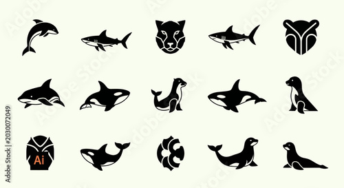 Canvas Print Set of marine animal icons, vector silhouette collection for design