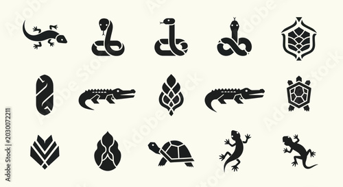 Bild auf Leinwand Set of Reptile and Animal Icons: Lizard, Snake, Crocodile, Turtle, Abstract Shap