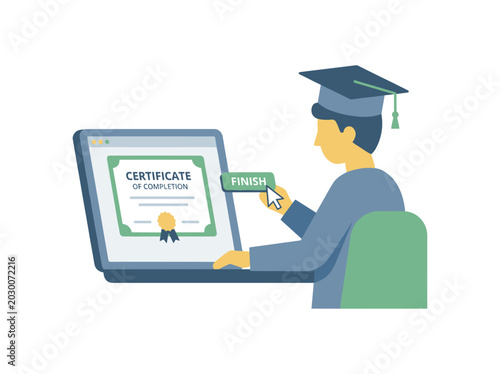 Student receives online certificate of completion on laptop screen after finishing course