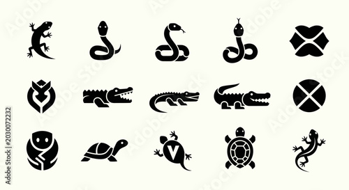 Photography Set of Reptile Icons: Lizards, Snakes, Crocodiles, Turtles, Abstract Symbols