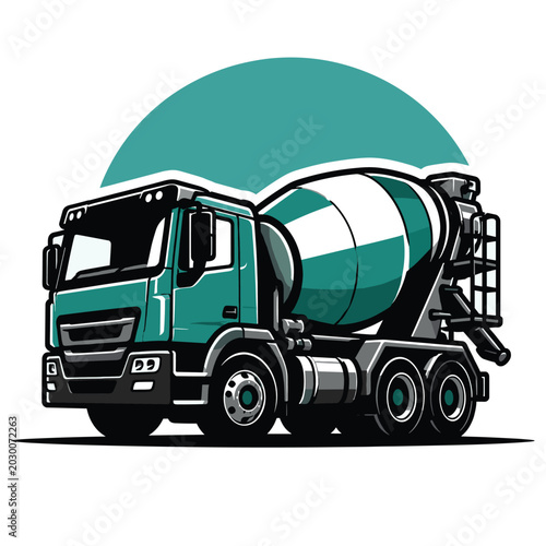 Teal cement mixer truck, construction vehicle, industrial icon, transportation