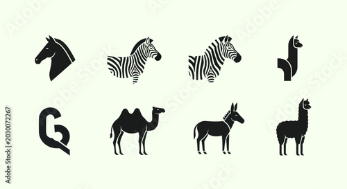 Canvas Print Set of Silhouette Animals: Horse, Zebra, Camel, Donkey, Llama Icons