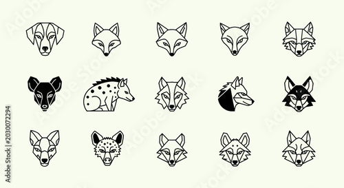 Canvas Print Set of stylized animal faces and heads icons, line art, vector illustration