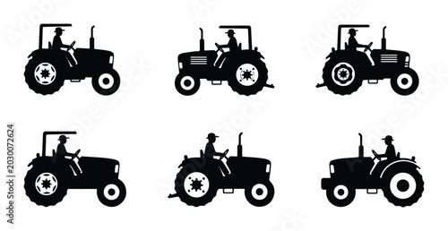 Foto Set of Six Diverse Tractor Silhouettes, Agricultural Machinery Icons, Farming Ve
