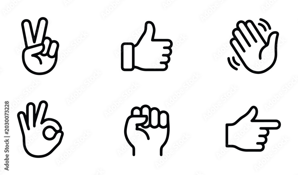 Fototapeta premium Set of 6 Hand Gesture Icons, Vector Graphics: Thumbs Up, Peace Sign, Clapping, OK, Fist, Pointing